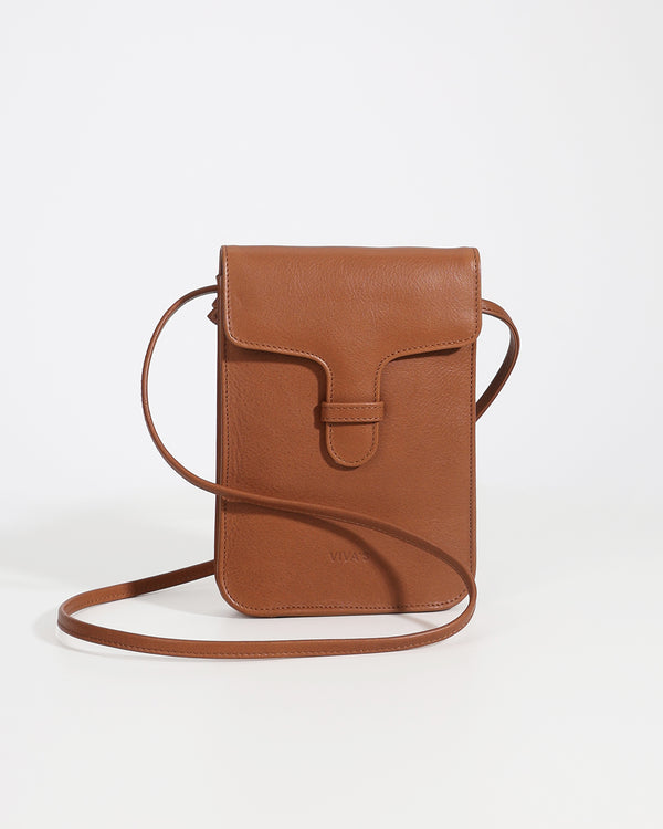 Brown leather crossbody bag on a white background