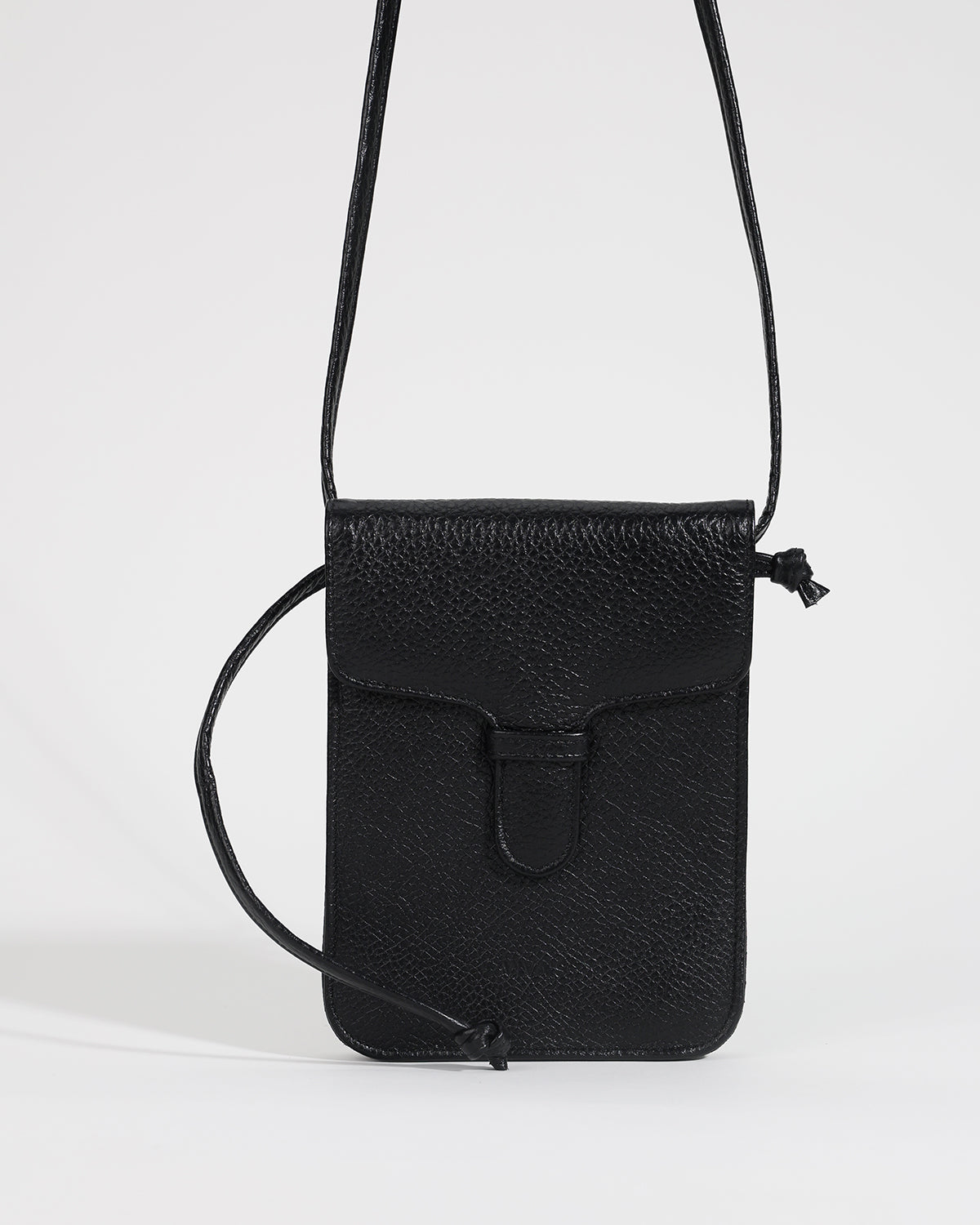 Black leather crossbody bag on a white background