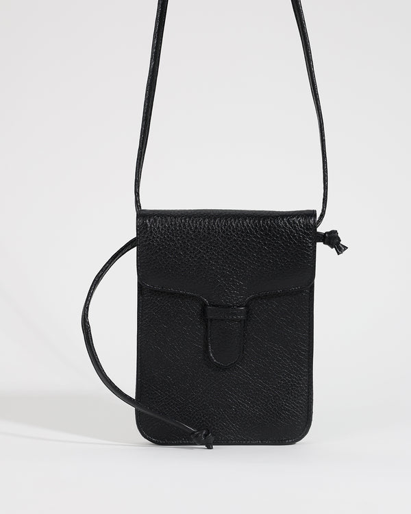 Black leather crossbody bag on a white background