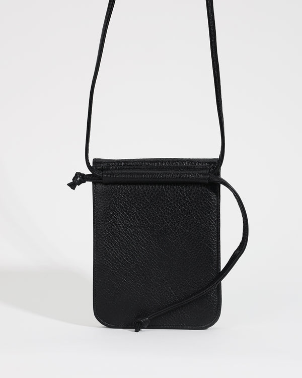Black crossbody bag on a white background